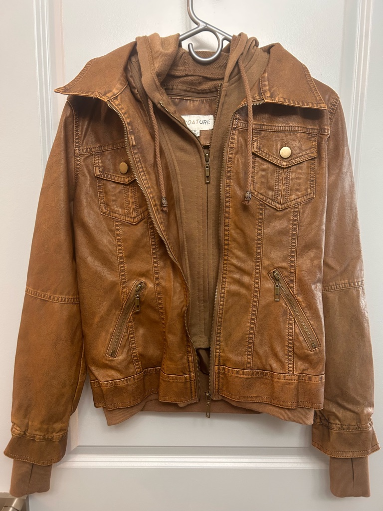 Faux Leather Hooded Bomber Jacket In Cognac